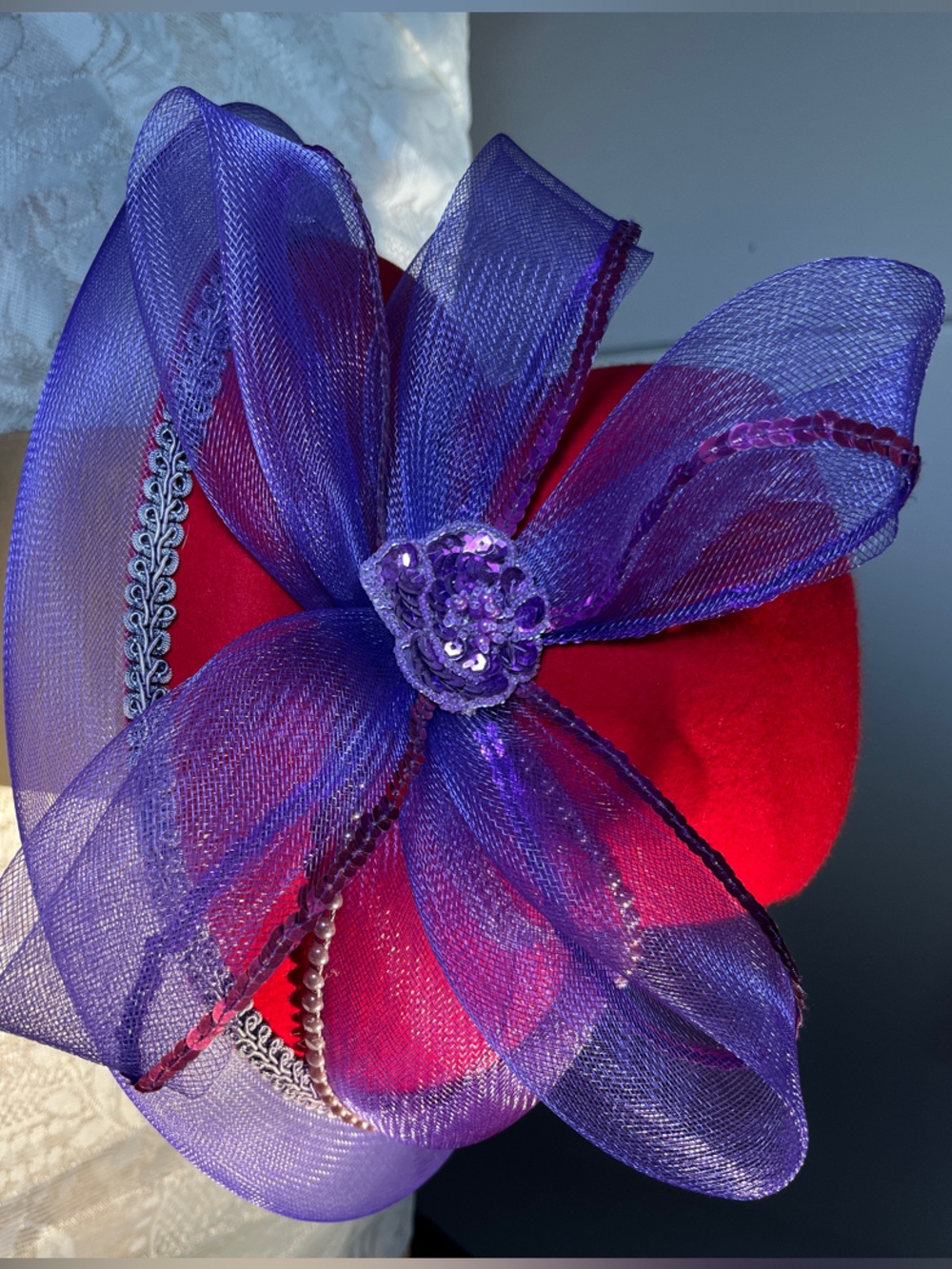 Red and Purple Decorative Women’s Dress Hat 100% wool + accents